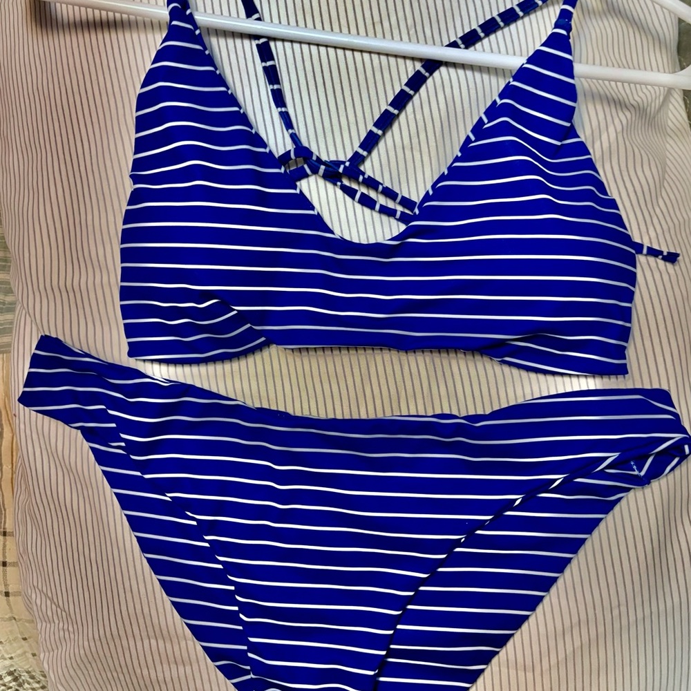 Blue and White Striped Bikini Set